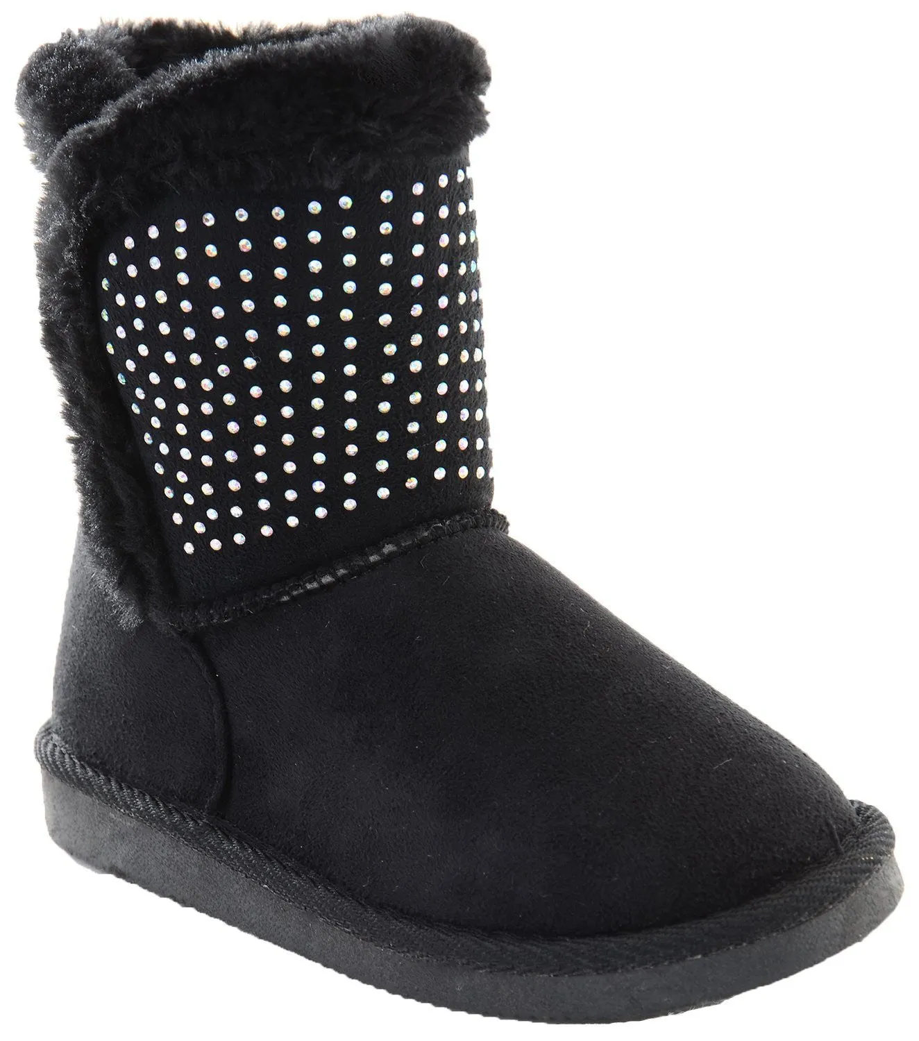 Girls Fur Rhinestone Faux Shearling Round Toe Ankle Boot KIDS Black