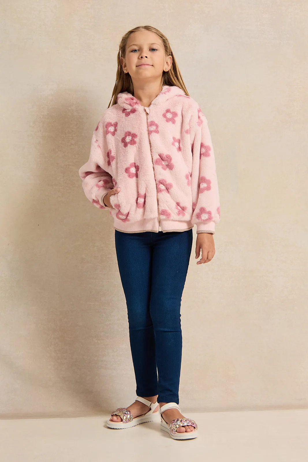 Girls Pink Fur Printed Hooded Jacket