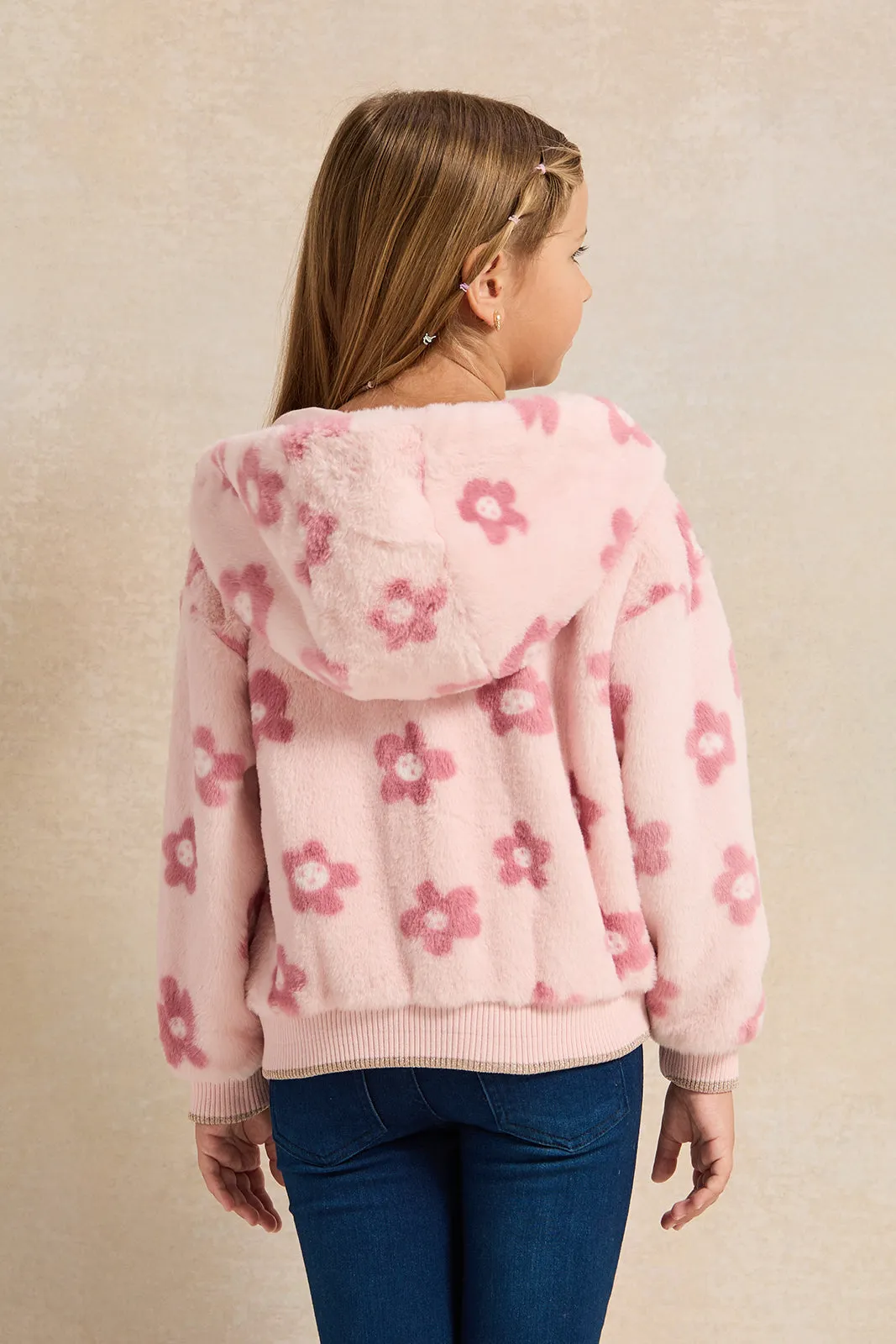 Girls Pink Fur Printed Hooded Jacket