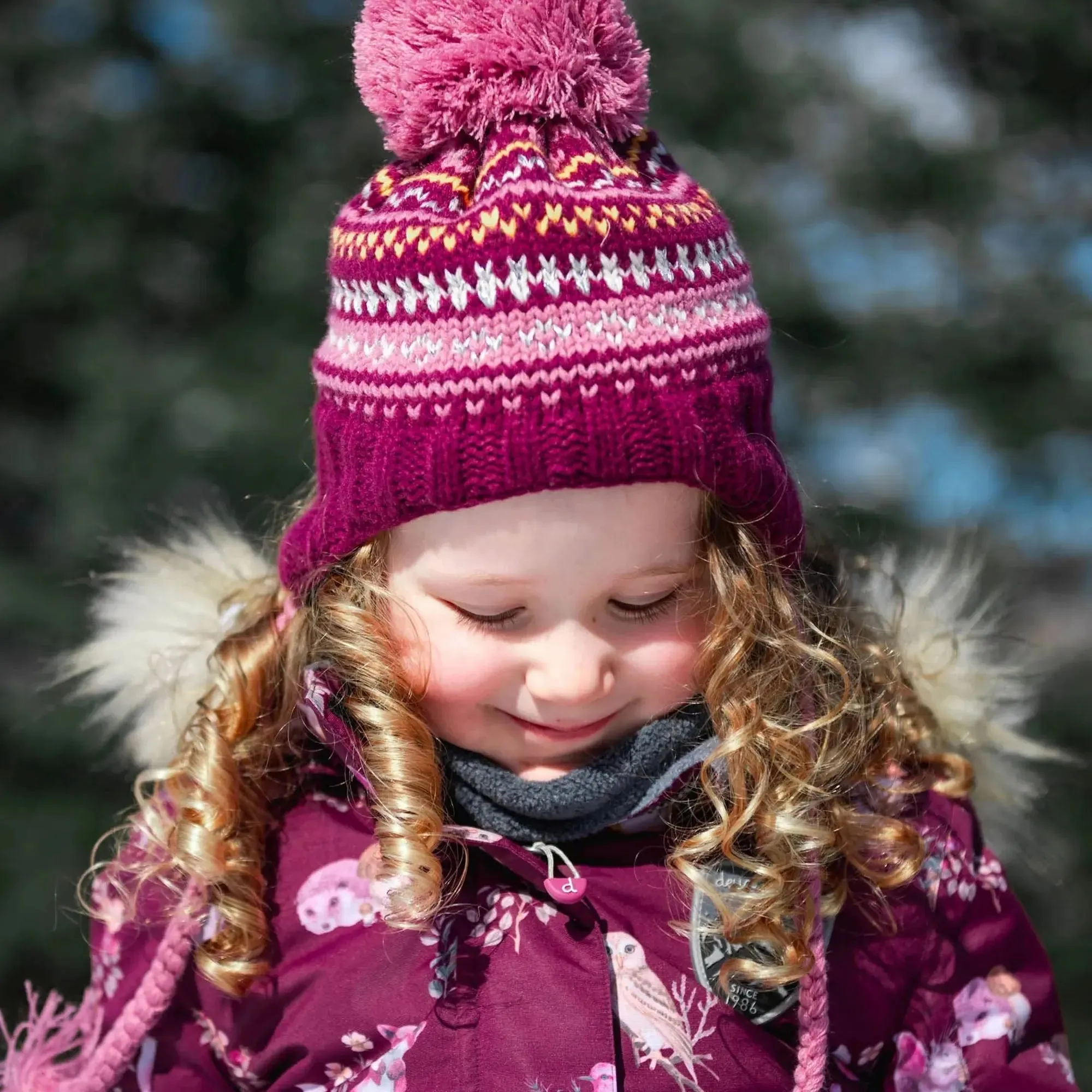 Girls' Striped Earflap Knit Hat Burgundy, White And Yellow | DEUX PAR DEUX