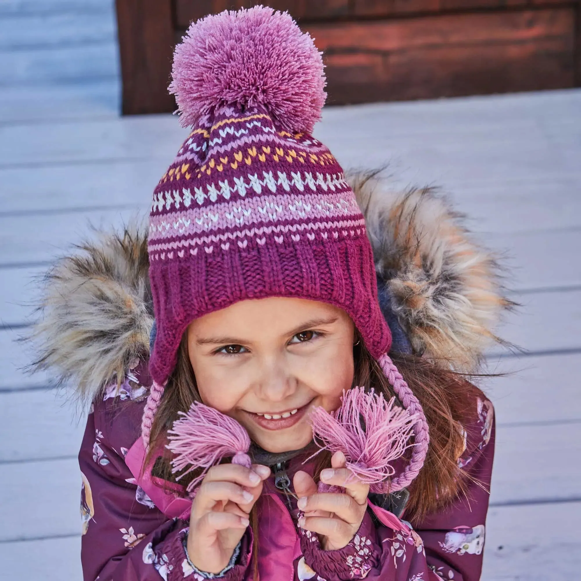 Girls' Striped Earflap Knit Hat Burgundy, White And Yellow | DEUX PAR DEUX