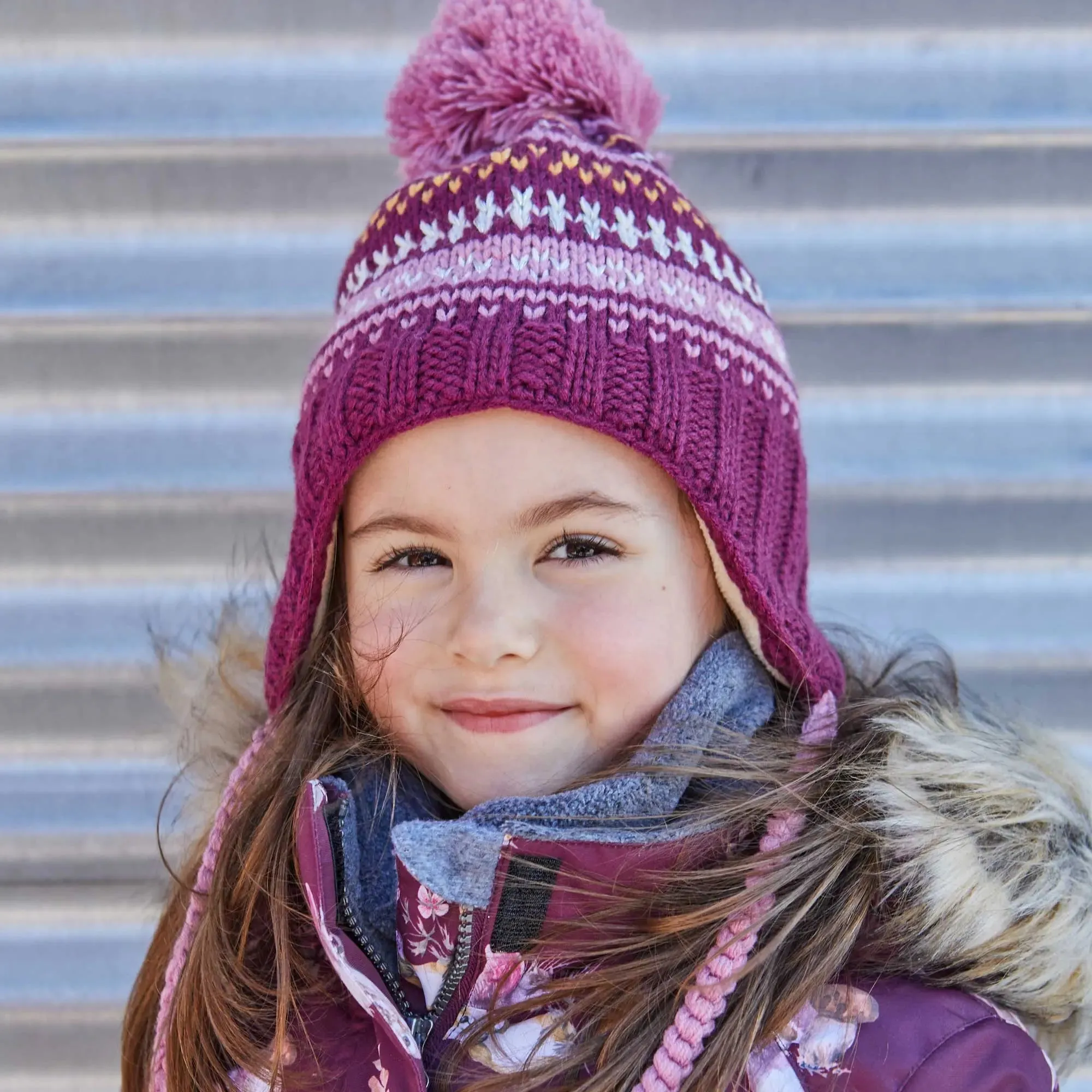 Girls' Striped Earflap Knit Hat Burgundy, White And Yellow | DEUX PAR DEUX