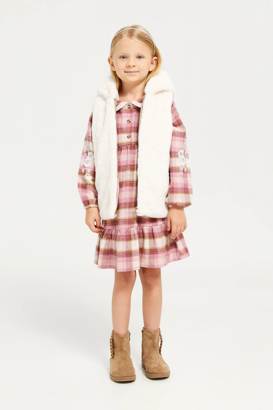 Girls White Faux Fur Gillet Jacket With Hood