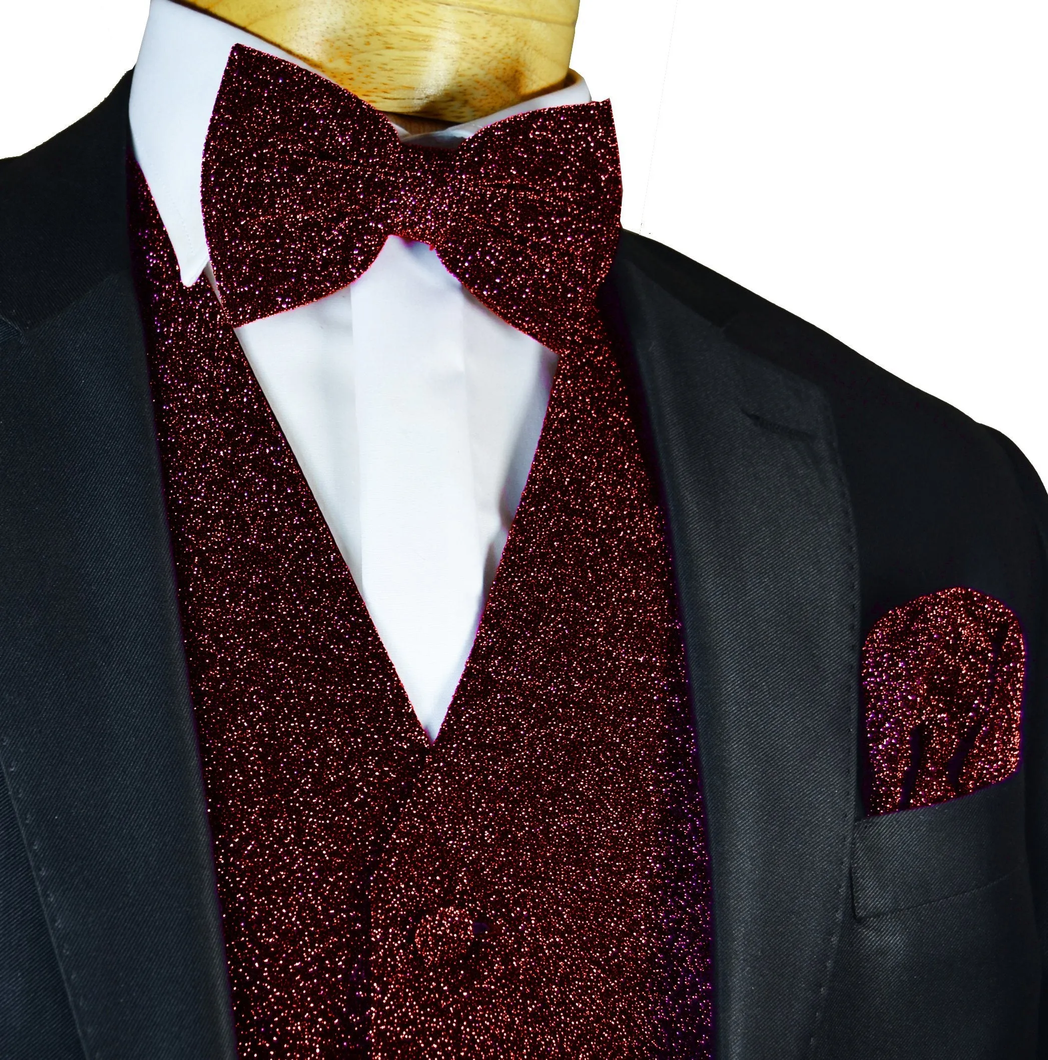 Glitter Tuxedo Vest and Bow Tie Set in Burgundy