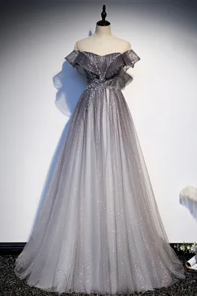 Gray Scoop Neckline Tulle Long Formal Dress, A-Line Evening Graduation Dress