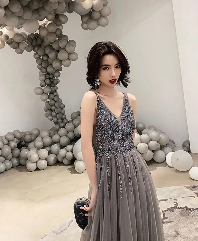 Gray V Neck Tulle Beads Long Prom Dress, Gray Tulle Evening Dress