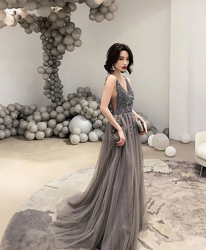 Gray V Neck Tulle Beads Long Prom Dress, Gray Tulle Evening Dress