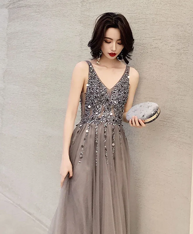 Gray V Neck Tulle Beads Long Prom Dress, Gray Tulle Evening Dress