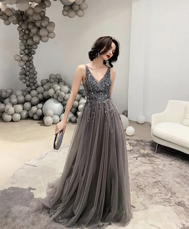 Gray V Neck Tulle Beads Long Prom Dress, Gray Tulle Evening Dress