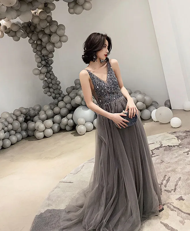 Gray V Neck Tulle Beads Long Prom Dress, Gray Tulle Evening Dress