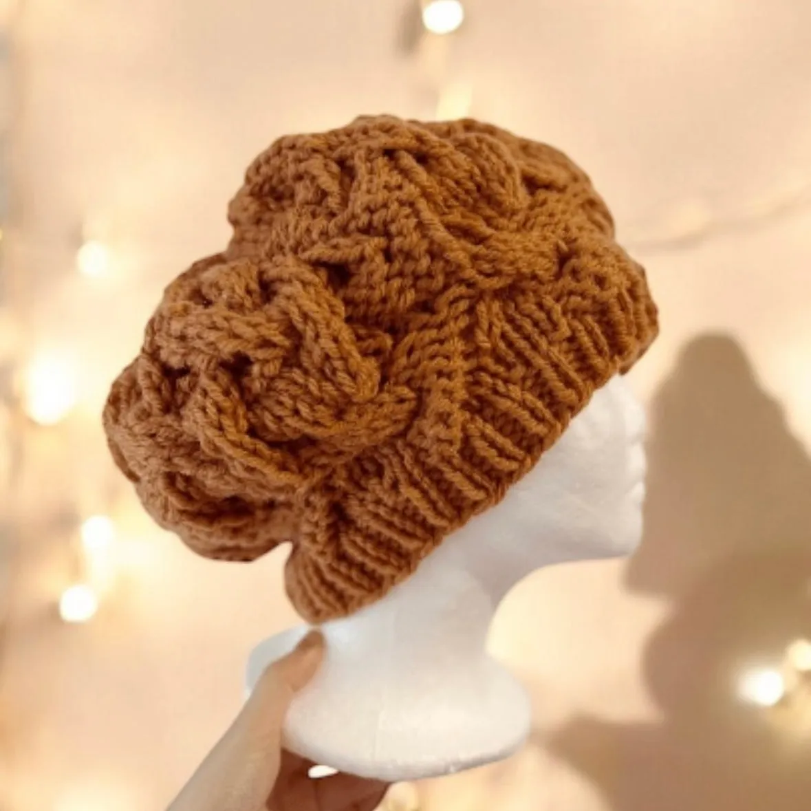 Handknit Cable Slouchy Beanie | Knit Beret | Slouchy Hat in orange brown grapefruit | super chunky slouch hat | Fluffy and cozy winter hat