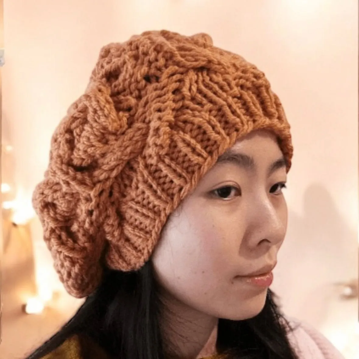 Handknit Cable Slouchy Beanie | Knit Beret | Slouchy Hat in orange brown grapefruit | super chunky slouch hat | Fluffy and cozy winter hat