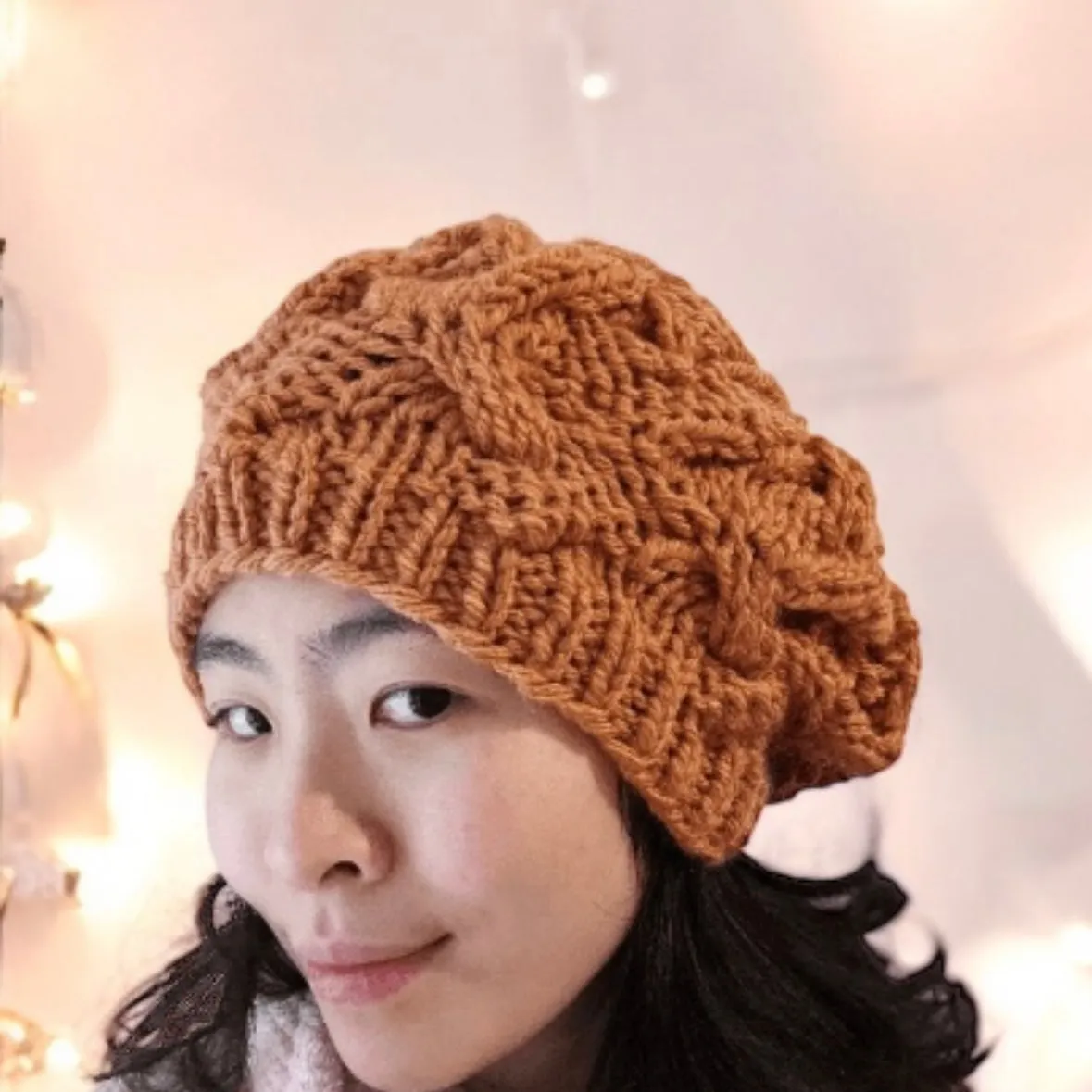 Handknit Cable Slouchy Beanie | Knit Beret | Slouchy Hat in orange brown grapefruit | super chunky slouch hat | Fluffy and cozy winter hat