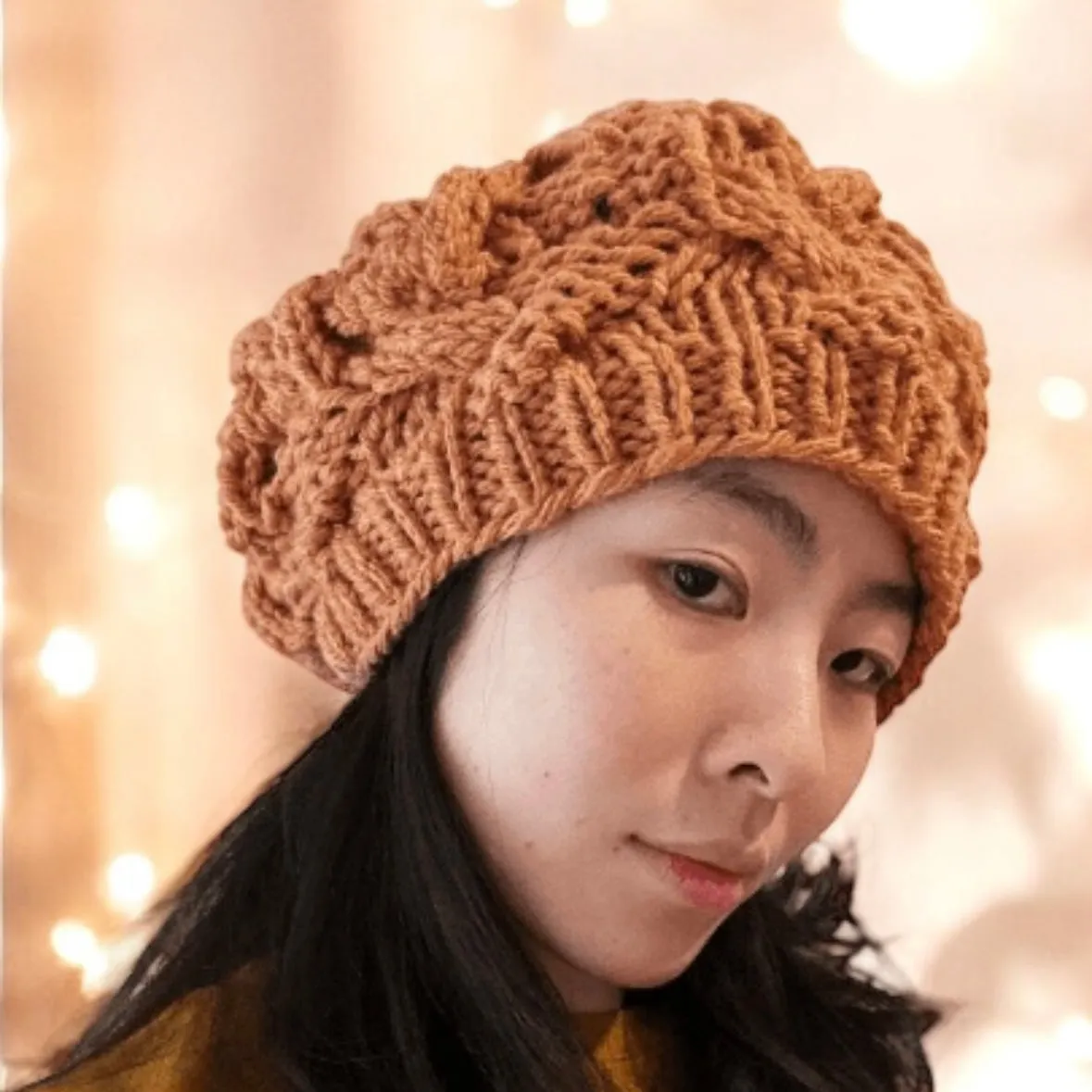 Handknit Cable Slouchy Beanie | Knit Beret | Slouchy Hat in orange brown grapefruit | super chunky slouch hat | Fluffy and cozy winter hat