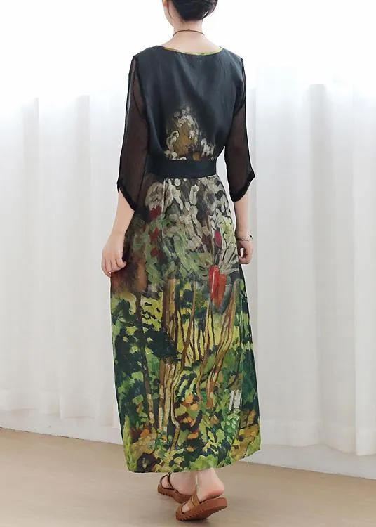 Handmade green print Robes v neck tie waist Maxi summer Dress