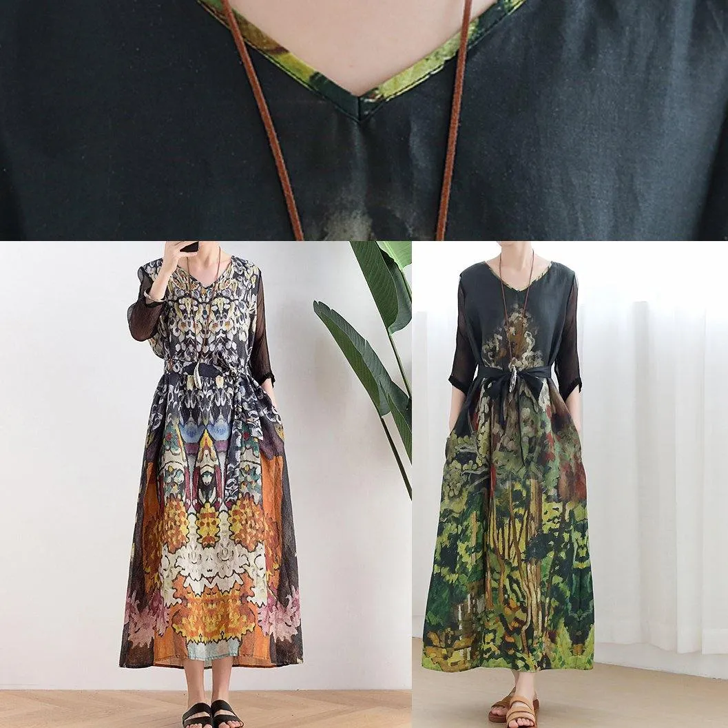 Handmade green print Robes v neck tie waist Maxi summer Dress