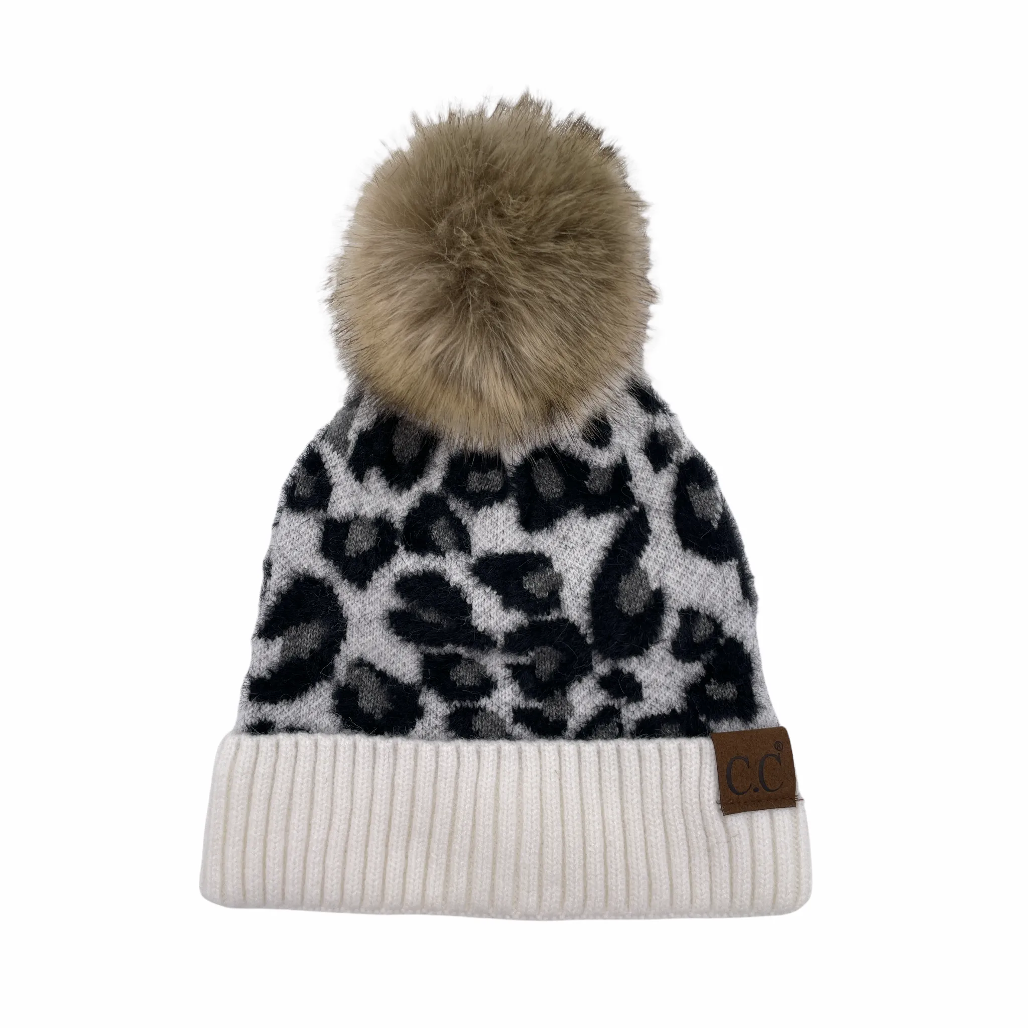 Hat-2061 Beanie with Faux Fur Pom Ivory