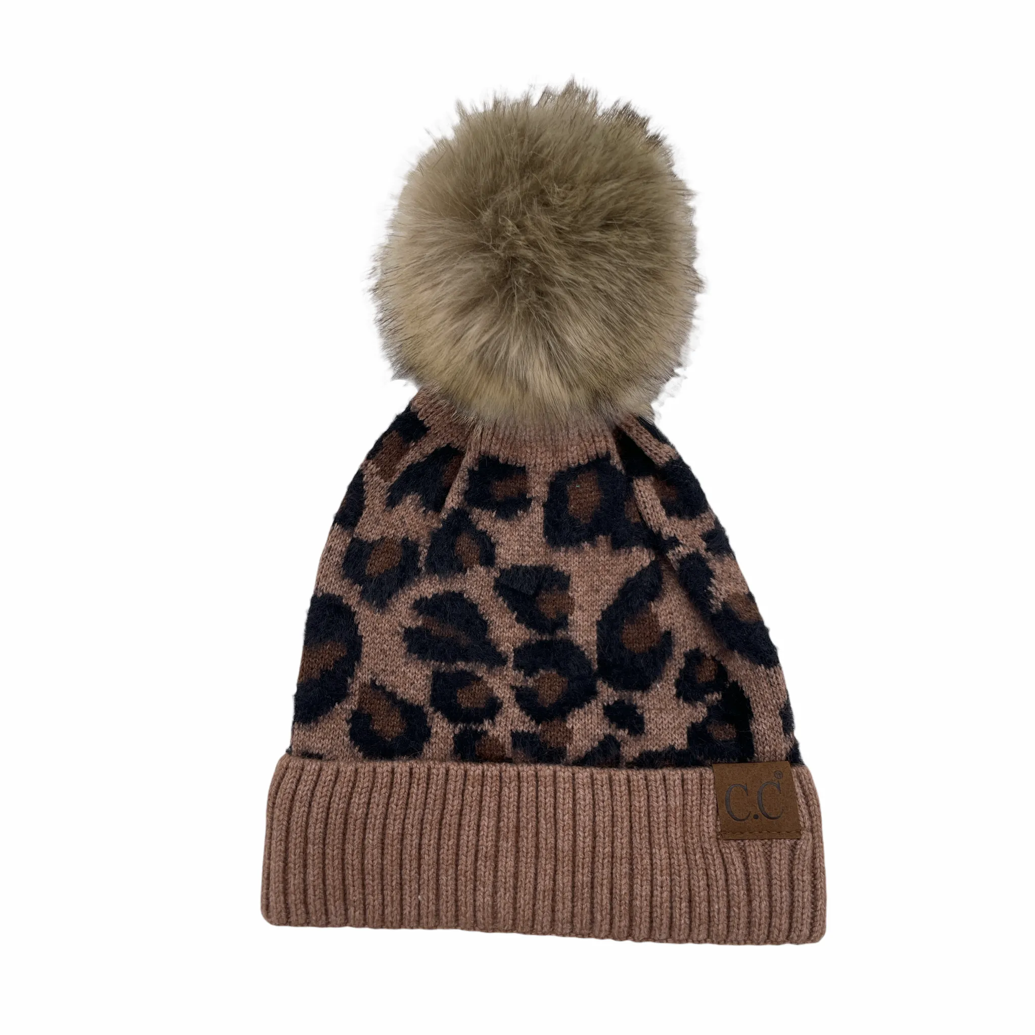 Hat-2061 Beanie with Faux Fur Pom Mocha