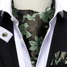 Hi-Tie Black Green Floral Ascot Pocket Square Cufflinks Set