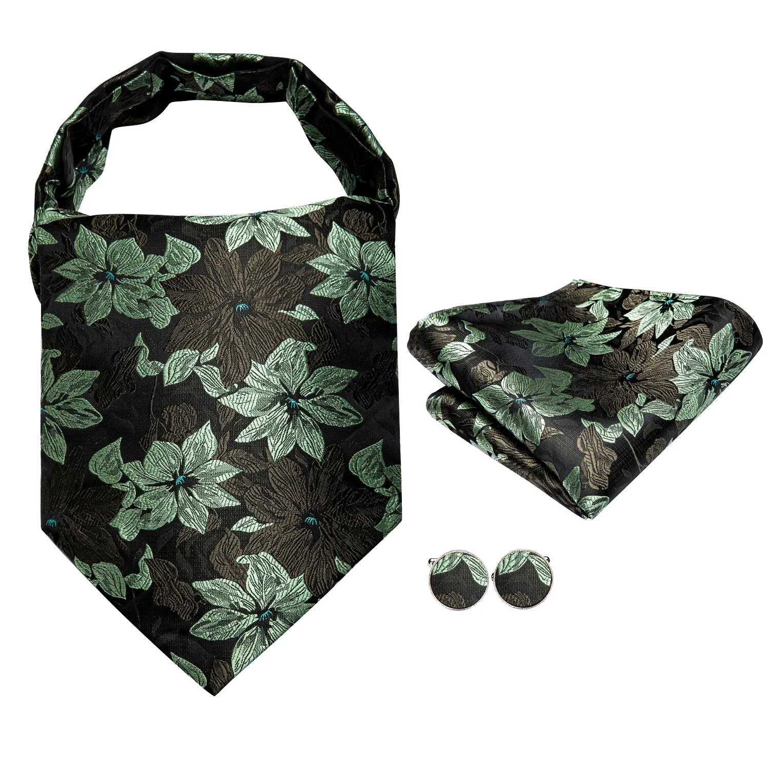 Hi-Tie Black Green Floral Ascot Pocket Square Cufflinks Set