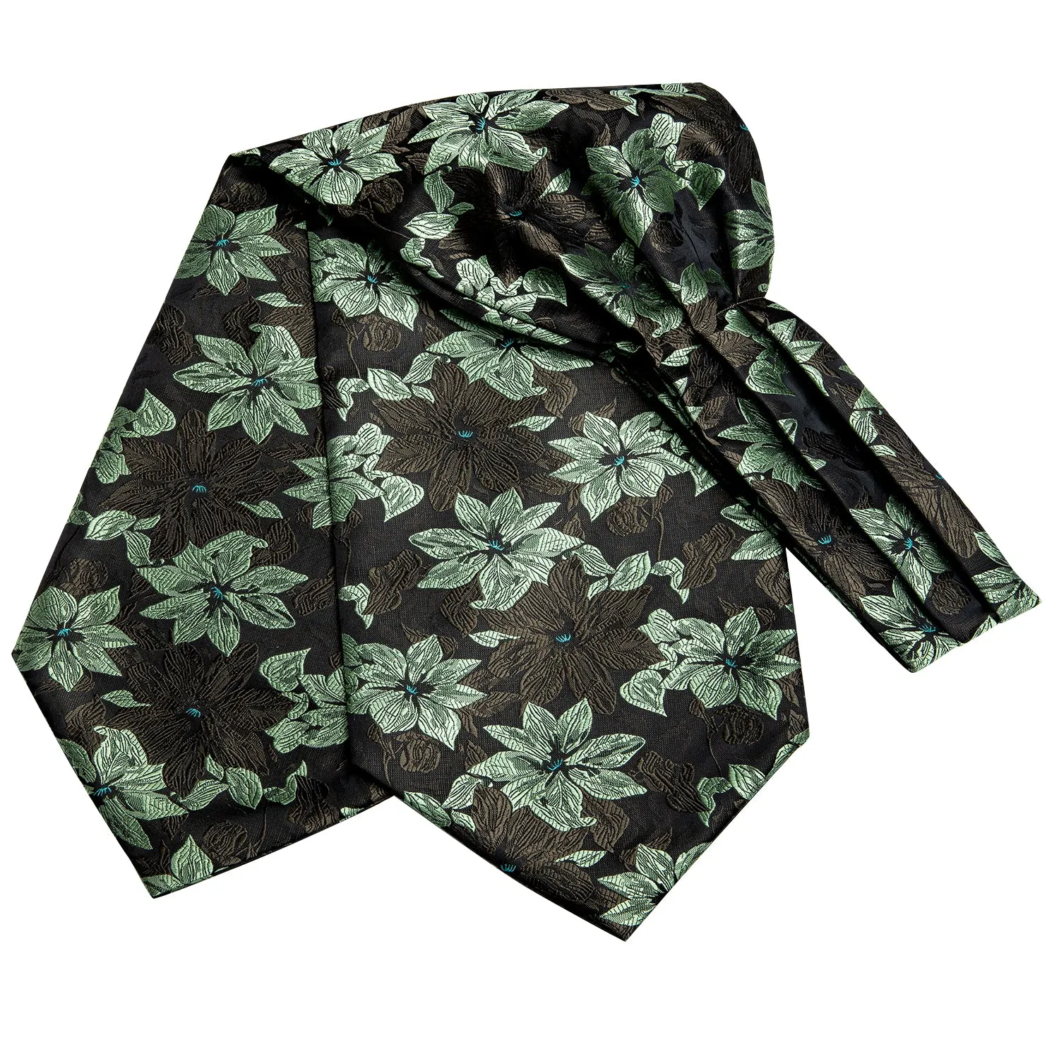 Hi-Tie Black Green Floral Ascot Pocket Square Cufflinks Set