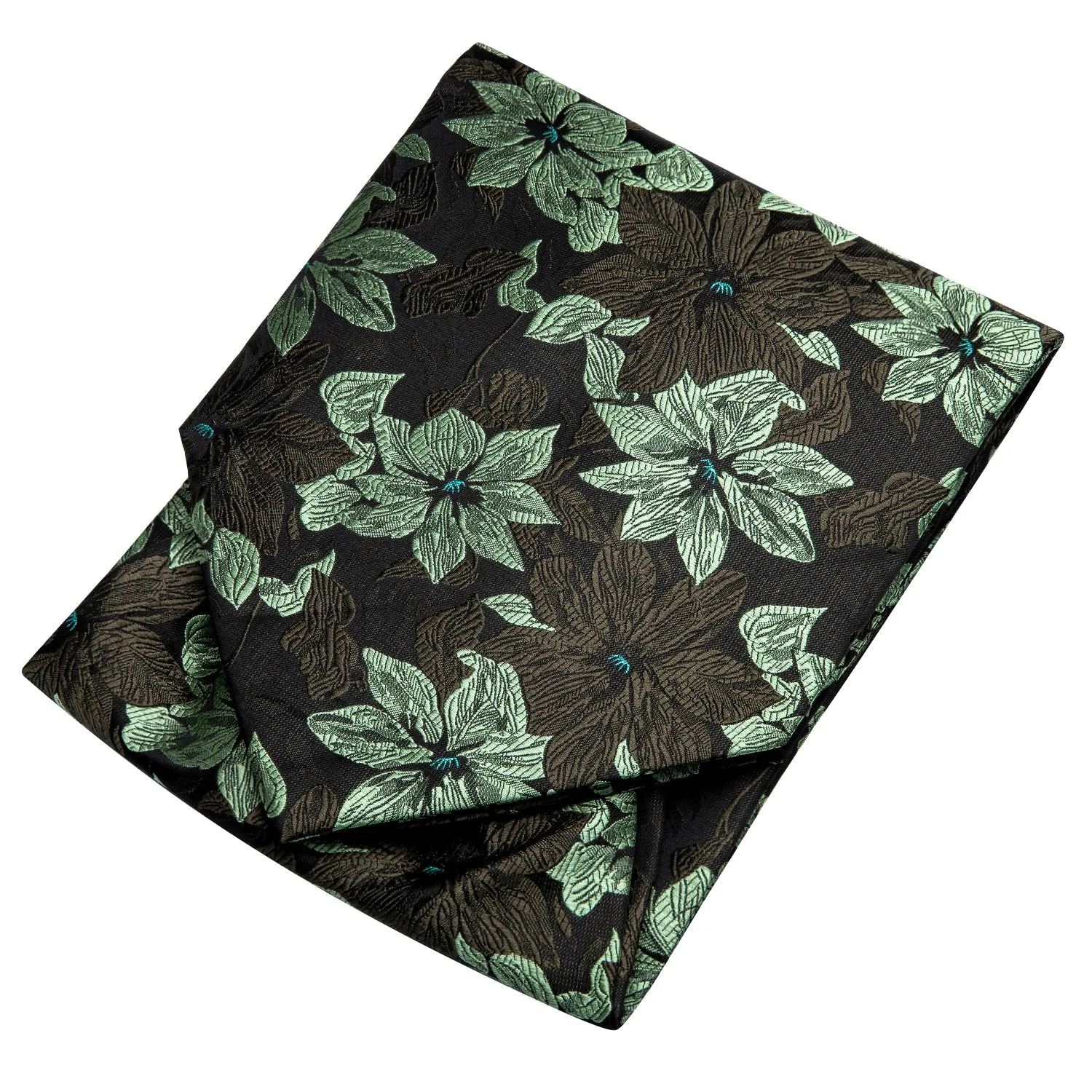 Hi-Tie Black Green Floral Ascot Pocket Square Cufflinks Set