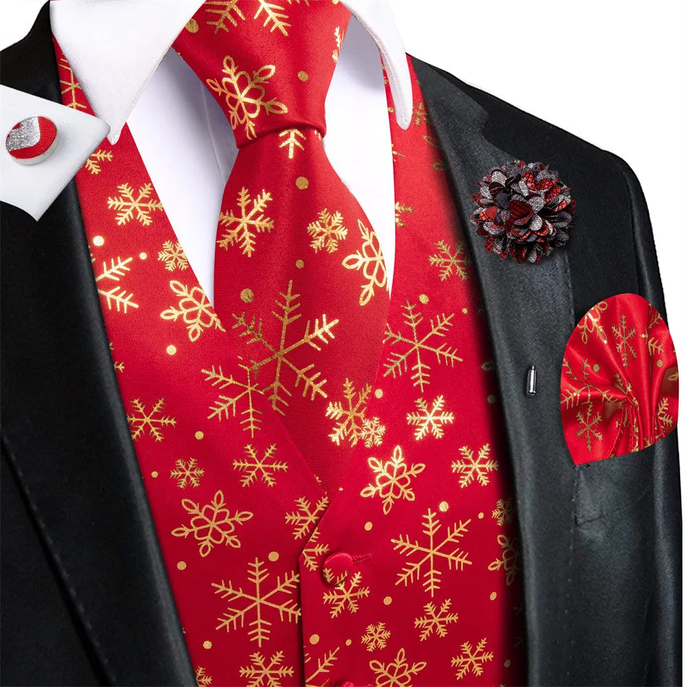 Hi-Tie Mens Waistcoat Red Gold Snow Christmas Vest Necktie Set