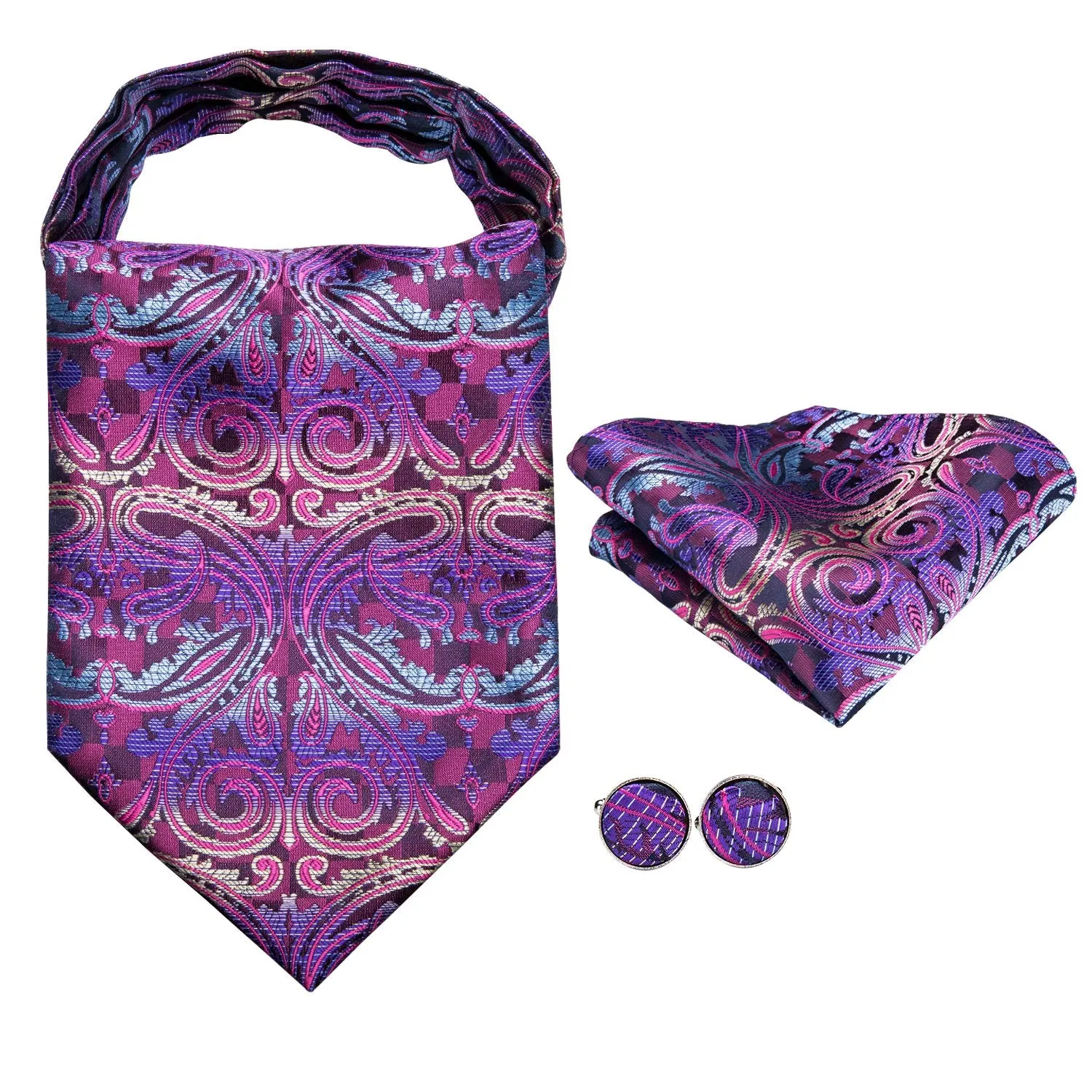 Hi-Tie Purple Black Paisley Silk Ascot Tie Pocket Square Cufflinks Set