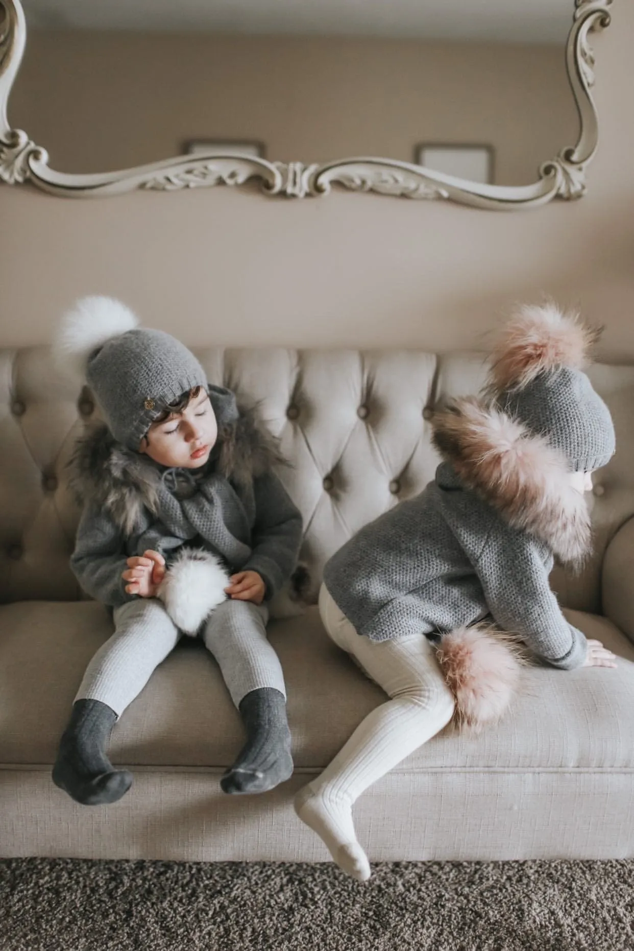 Honeycomb Grey Cashmere Pram Coat with Dusty Pink Trim