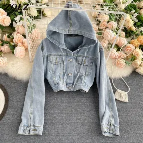 Hooded Denim Jacket Women Single Breasted Solid Short Vintage Overcoat