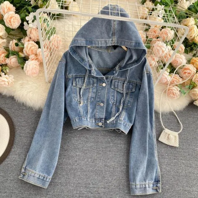 Hooded Denim Jacket Women Single Breasted Solid Short Vintage Overcoat