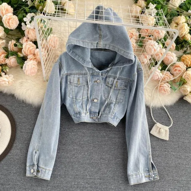 Hooded Denim Jacket Women Single Breasted Solid Short Vintage Overcoat