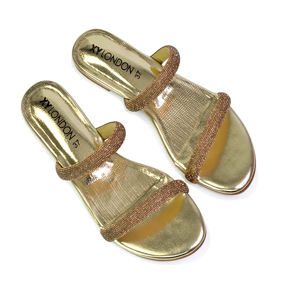 Hope Slip On Sparkly Bridal Shoes Summer Diamante Flat Sandals in Gold