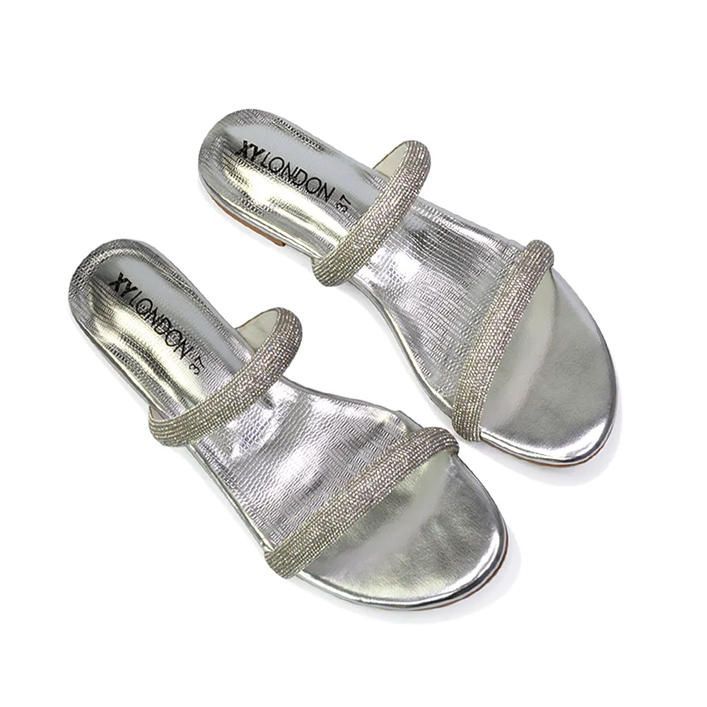 Hope Slip On Sparkly Bridal Shoes Summer Diamante Flat Sandals in Silver