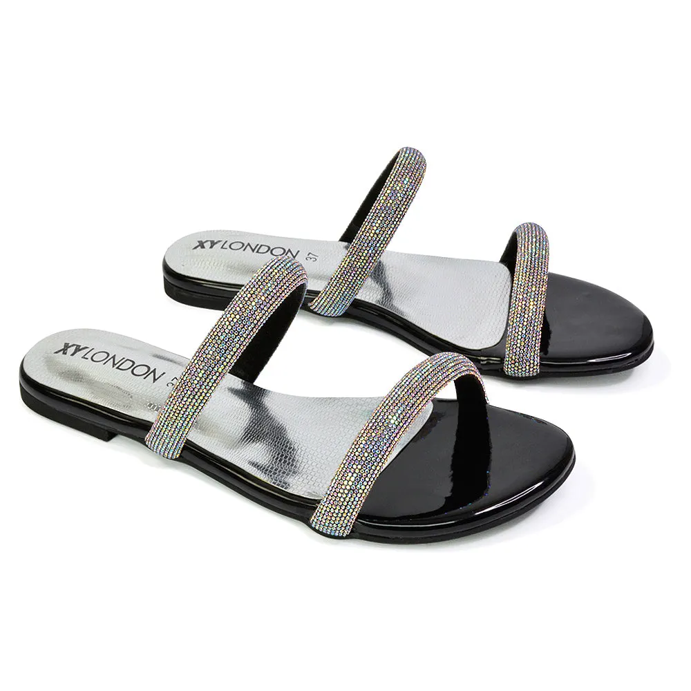 Hope Slip On Sparkly Bridal Shoes Summer Diamante Flat Sandals in Silver