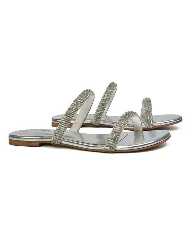 Hope Slip On Sparkly Bridal Shoes Summer Diamante Flat Sandals in Silver