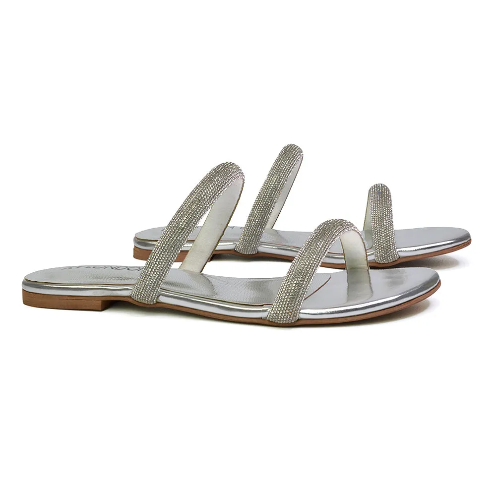 Hope Slip On Sparkly Bridal Shoes Summer Diamante Flat Sandals in Silver