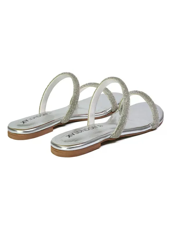 Hope Slip On Sparkly Bridal Shoes Summer Diamante Flat Sandals in Silver