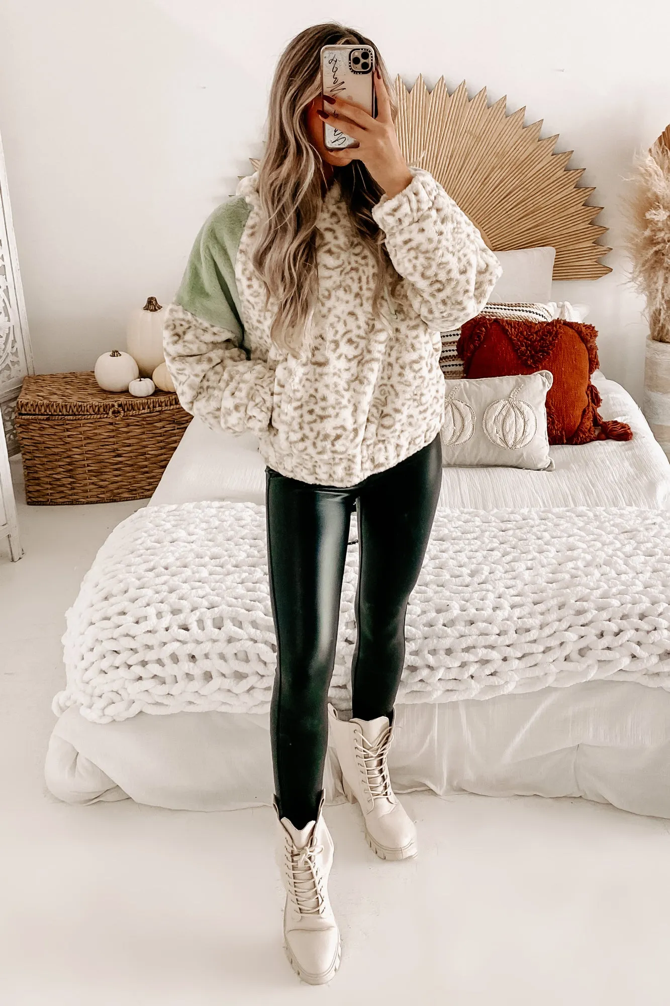 I'm All Fur It Leopard Faux Fur Hoodie (Taupe/Mint)