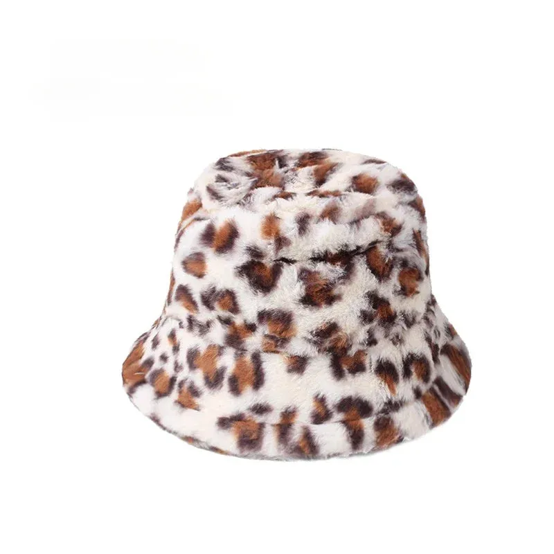 INS Autumn and Winter Leopard Print Pattern Fisherman Hat Women's Fleece Thick Cow Print Pot Hat Fashion Versatile Bowler Caps