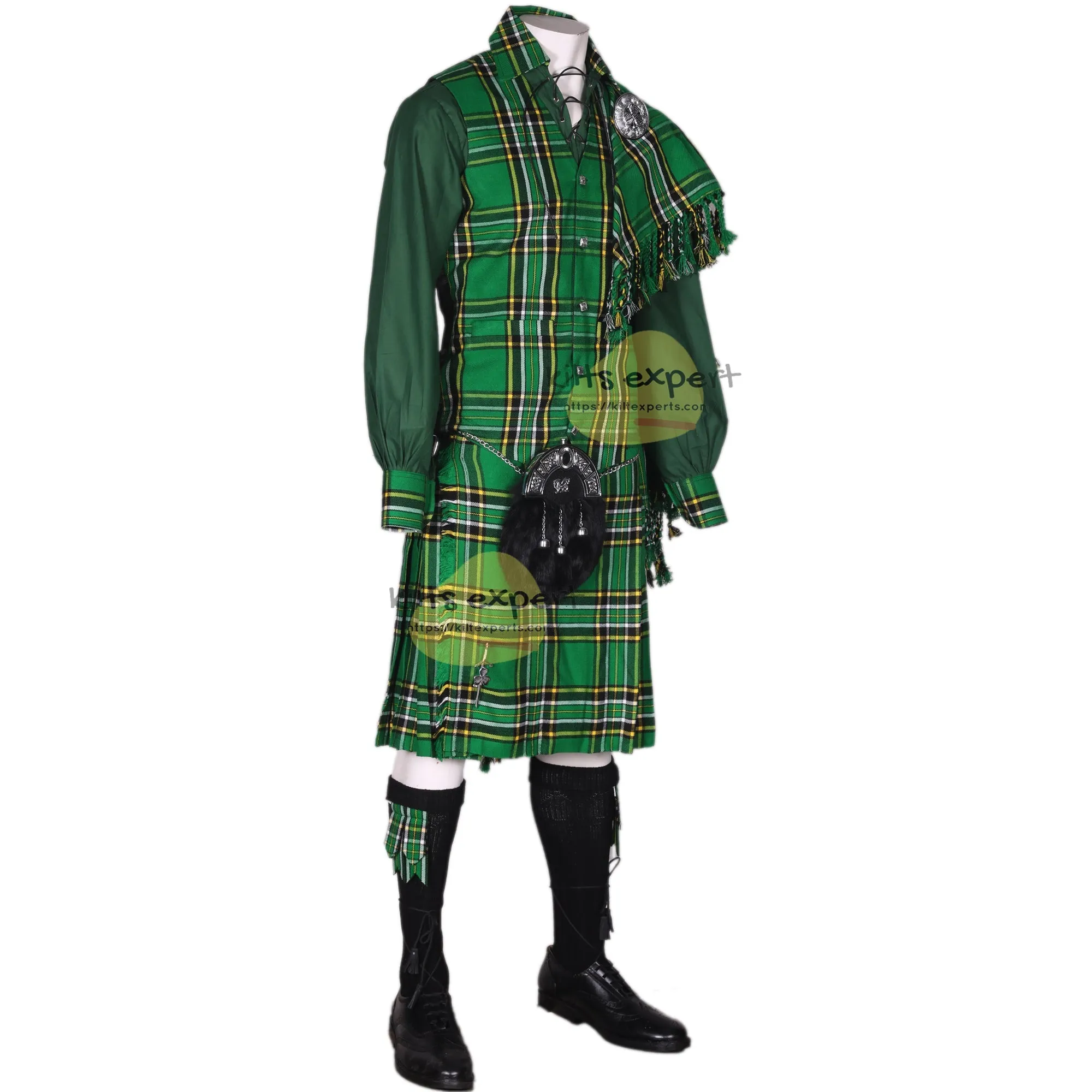 Irish National Tartan Kilt Outfit - Complete 10-Piece Traditional Scottish Set Available in Multiple Colors