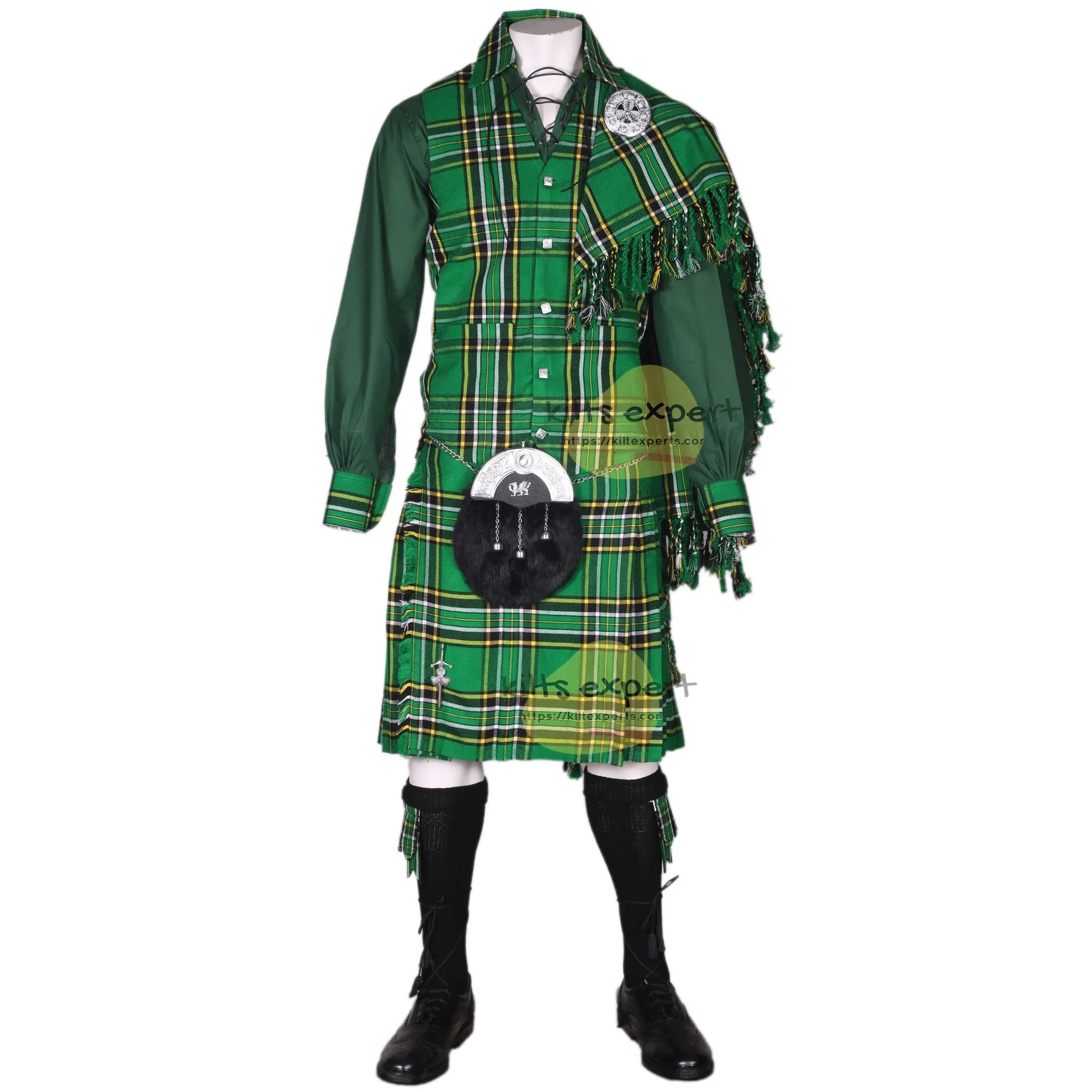 Irish National Tartan Kilt Outfit - Complete 10-Piece Traditional Scottish Set Available in Multiple Colors