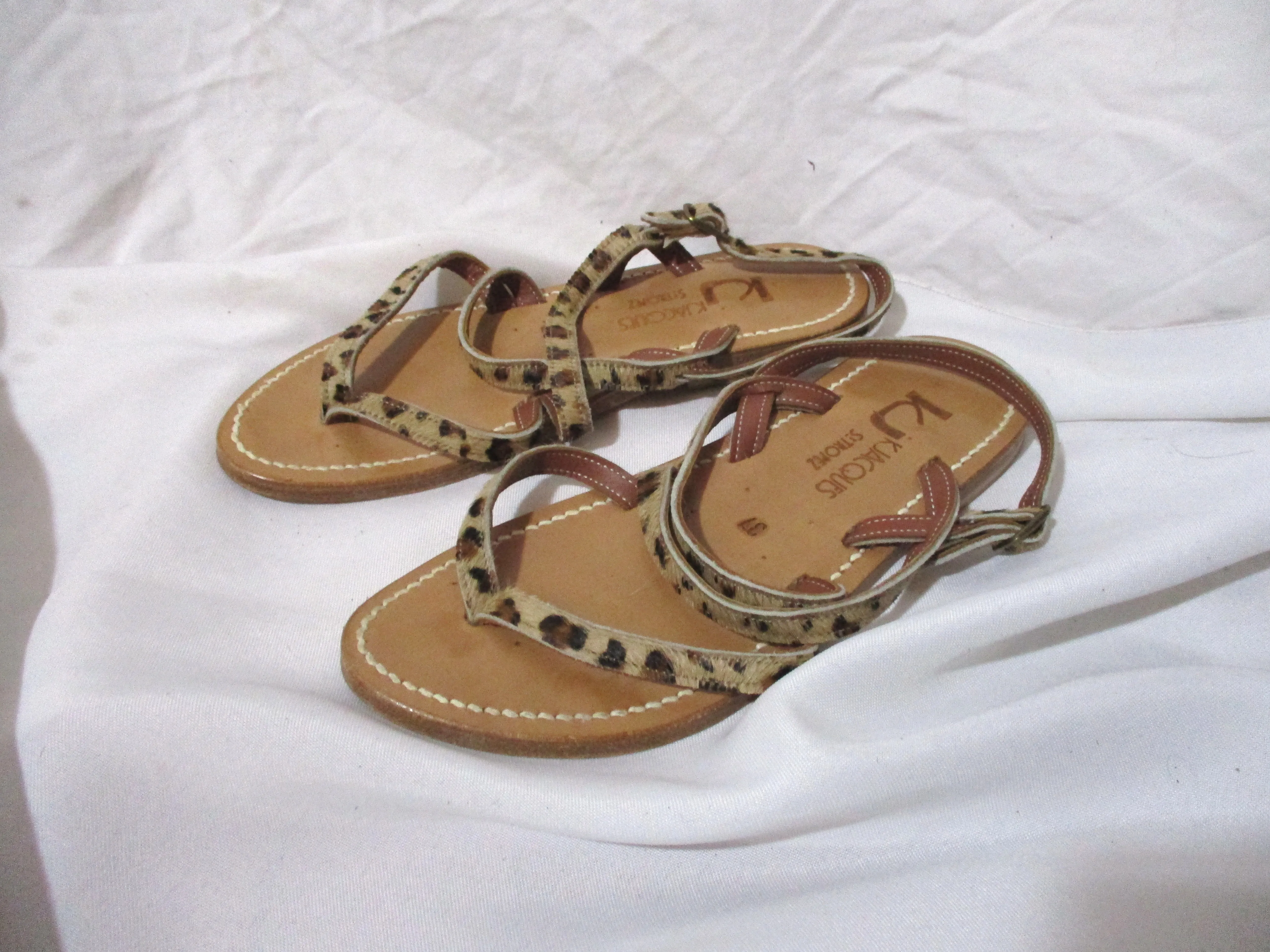 K. JACQUES ST TROPEZ SANDAL SHOE LEOPARD Hair LEATHER 37 Thong