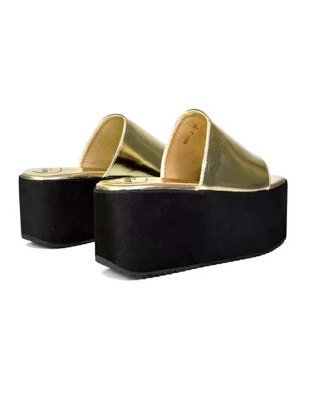 Kaiya Square Toe Slip on Flatform Sandal Slides in Gold