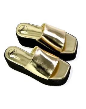 Kaiya Square Toe Slip on Flatform Sandal Slides in Gold