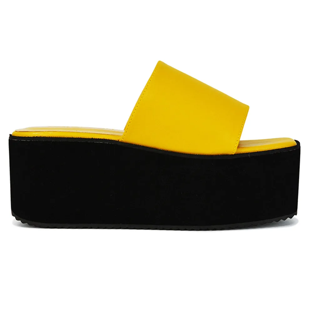 Kaiya Square Toe Slip on Flatform Sandal Slides in Gold