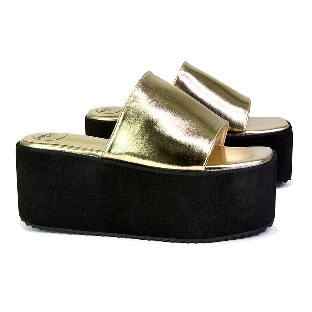 Kaiya Square Toe Slip on Flatform Sandal Slides in Gold