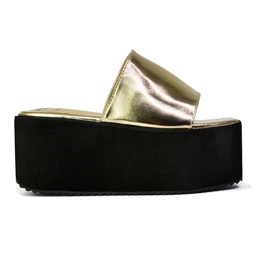 Kaiya Square Toe Slip on Flatform Sandal Slides in Gold