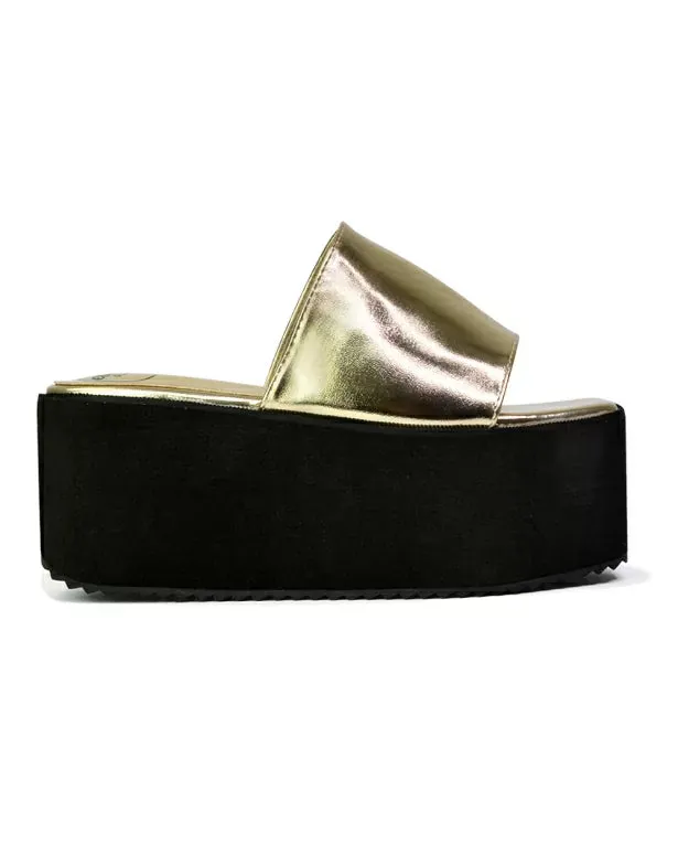 Kaiya Square Toe Slip on Flatform Sandal Slides in Gold