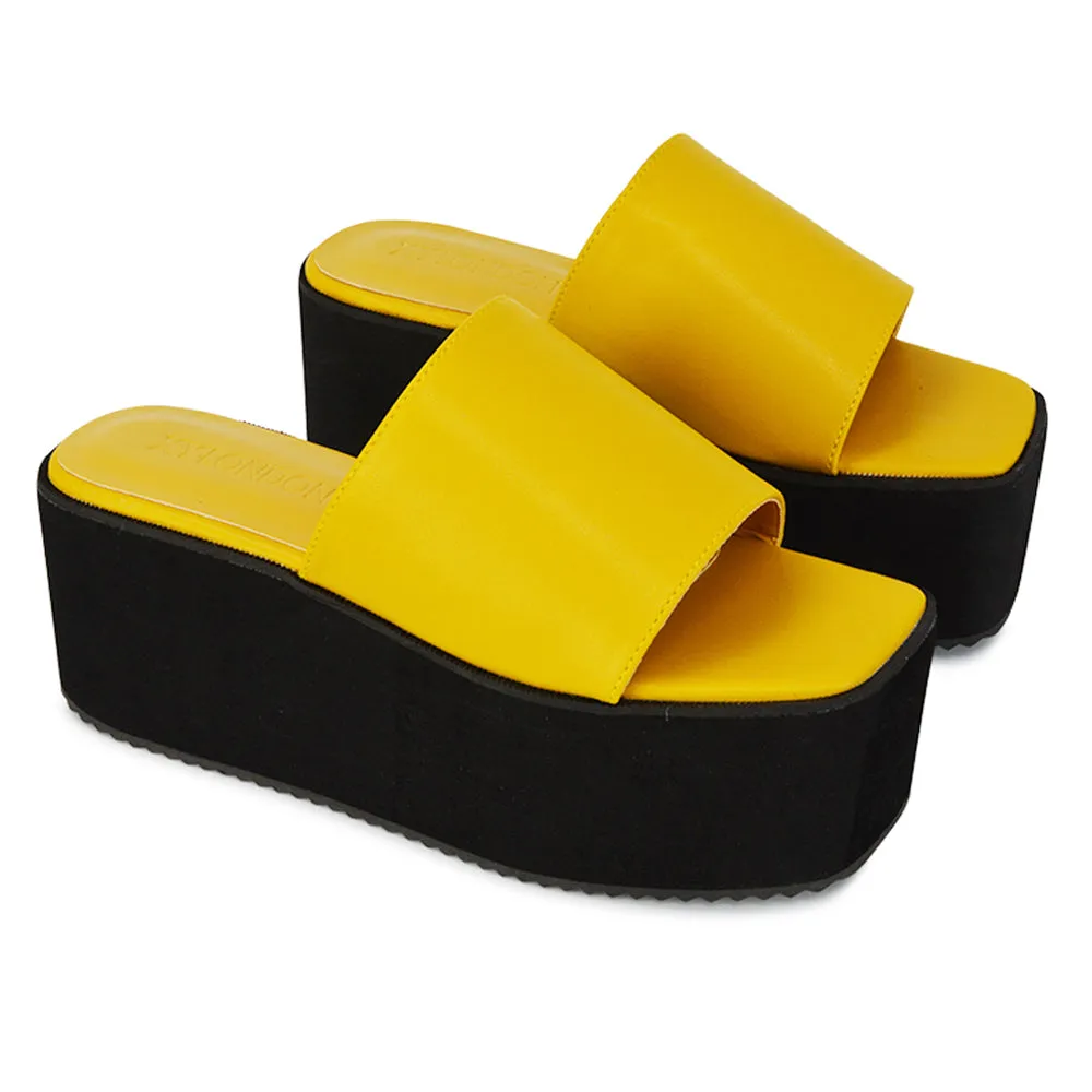 Kaiya Square Toe Slip on Flatform Sandal Slides in Gold